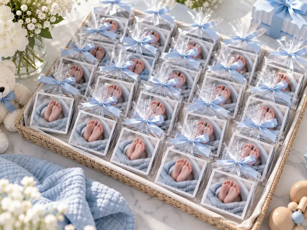 Set of baby shower favor magnets in clear bags