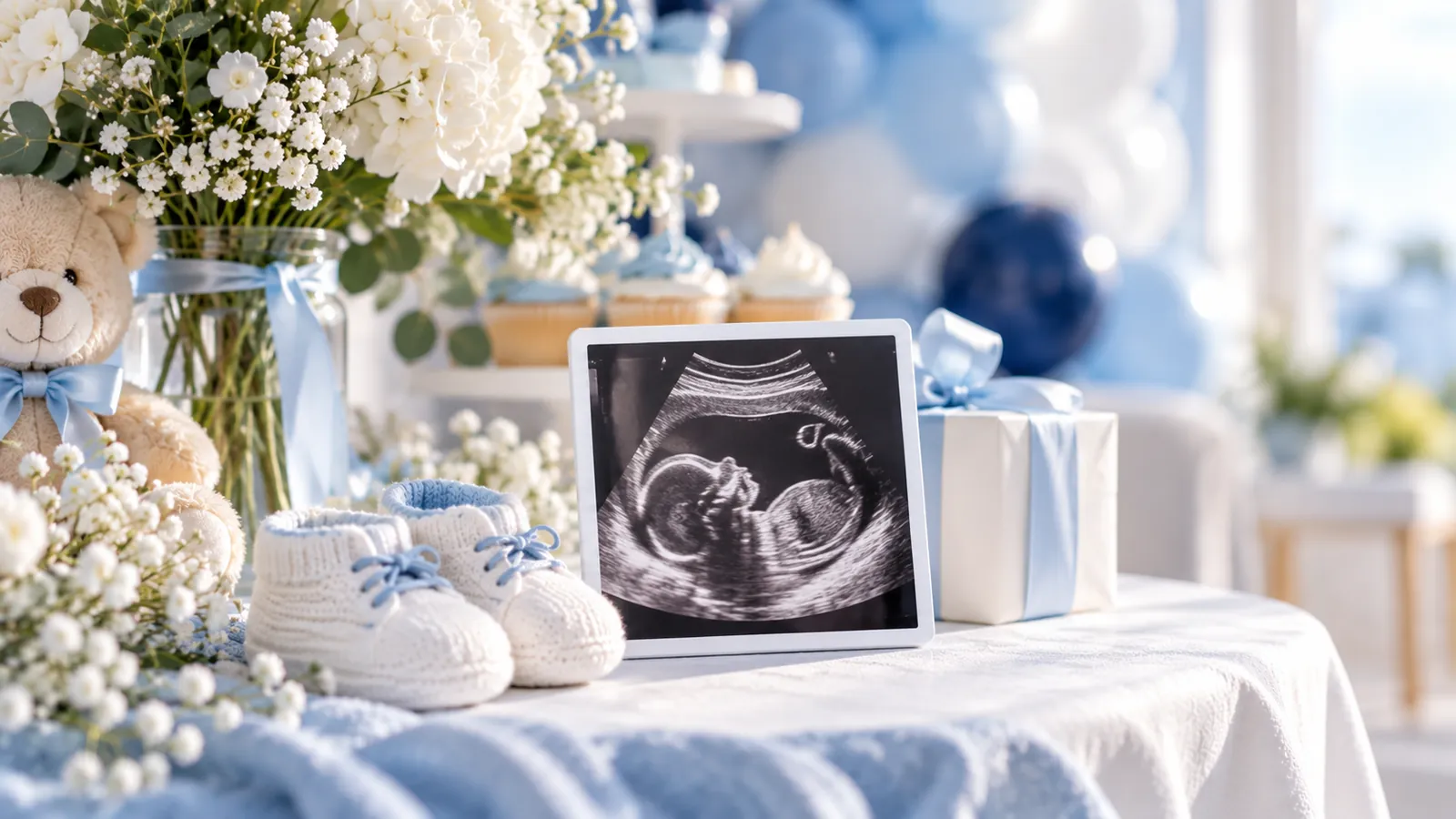 Ultrasound photo magnet with baby shoes and white flowers