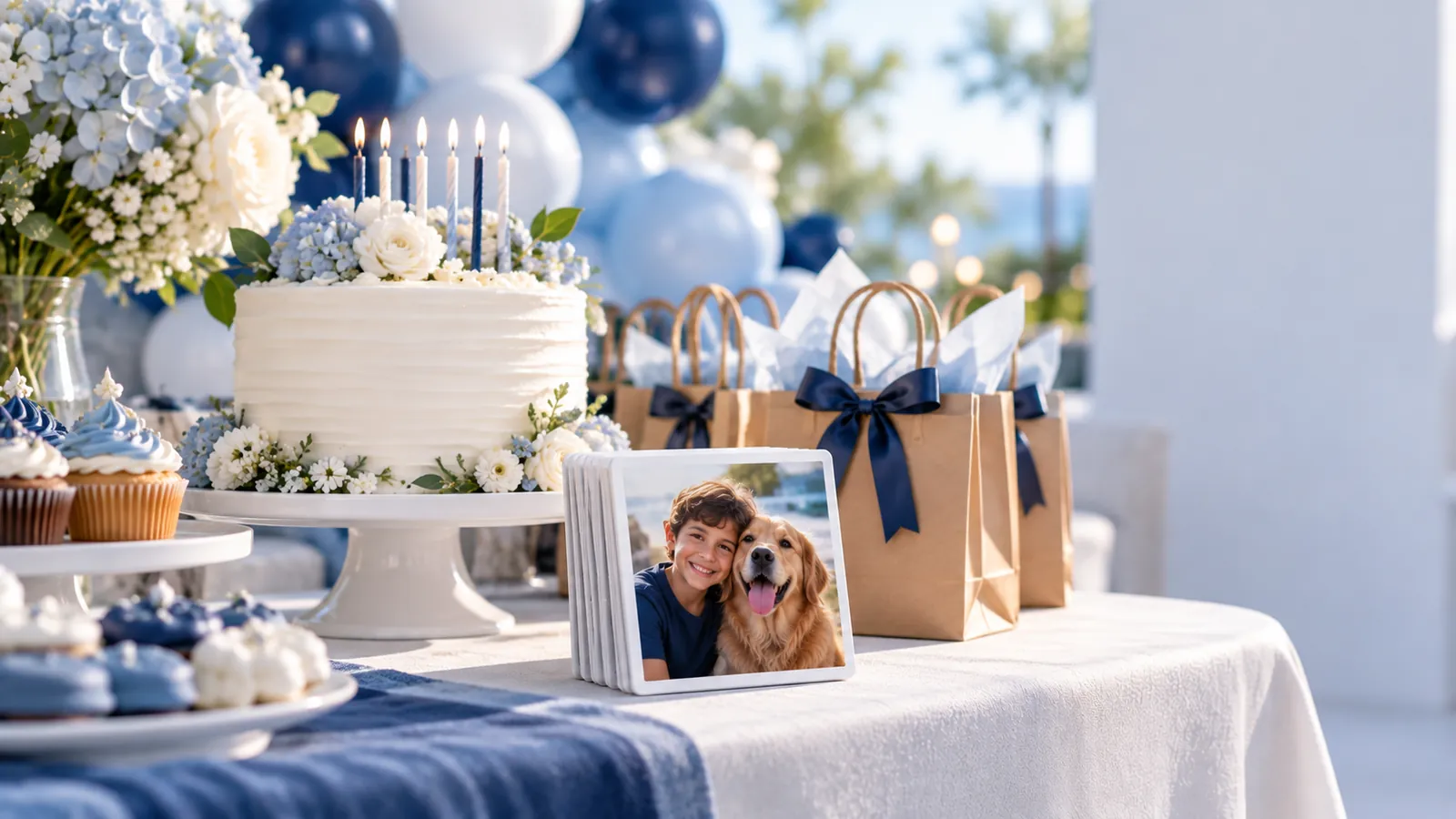 Birthday party favor magnet next to a cake and favor bags