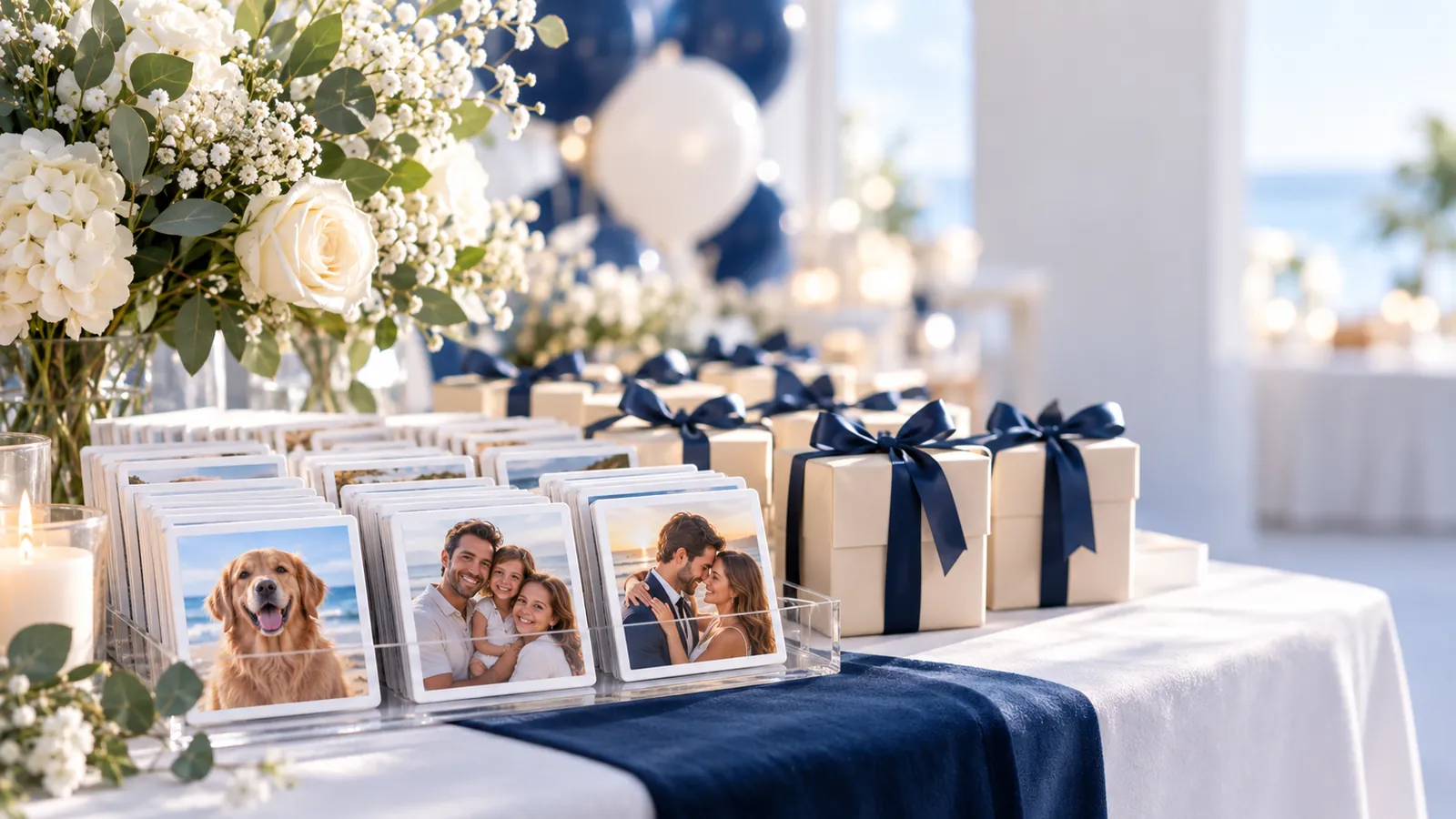 Custom party favor photo magnets lined up with navy ribbon gift boxes