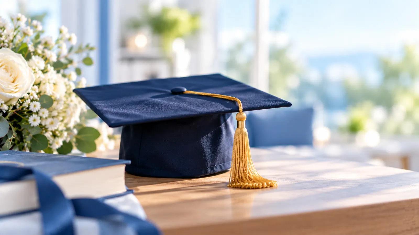 Navy graduation cap with a gold tassel on a wooden table