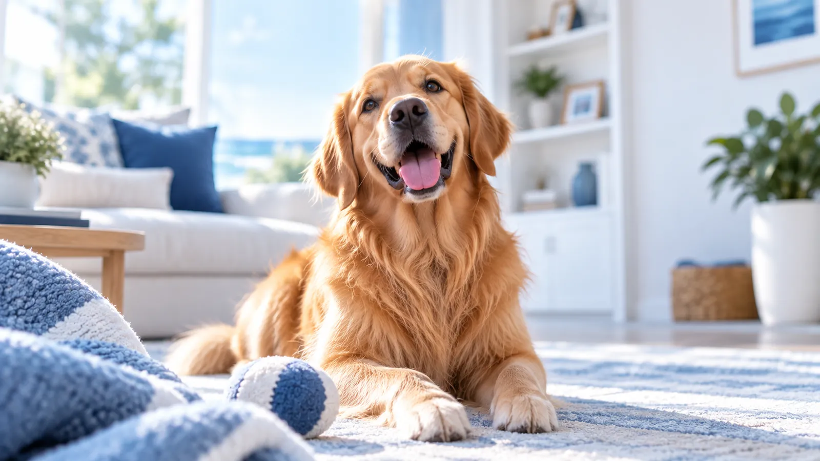 Happy golden retriever lying on a rug in a bright living room