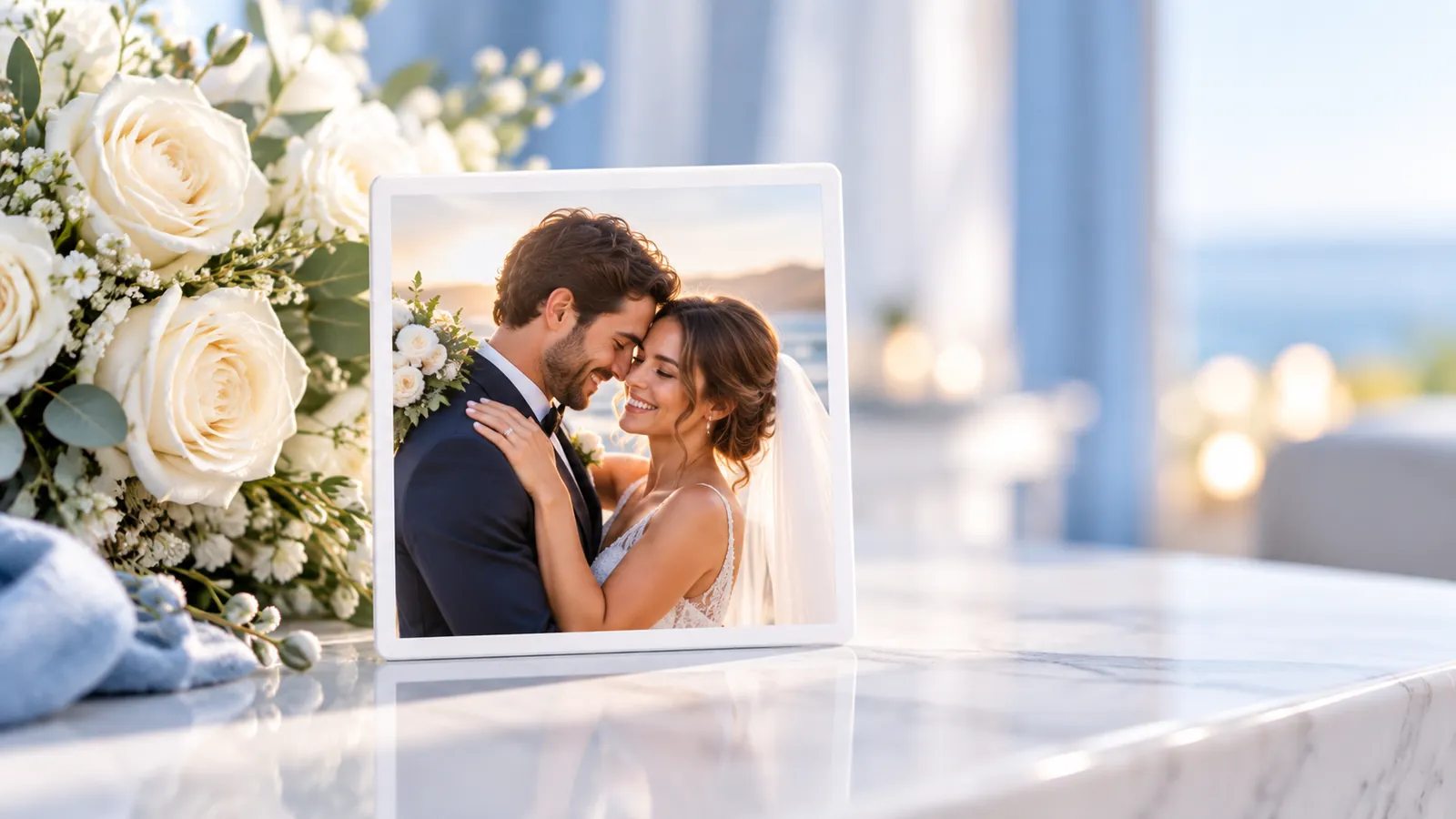 Wedding photo magnet of a bride and groom next to white roses