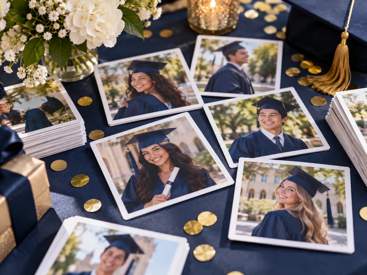 Graduation photo magnets with gold confetti