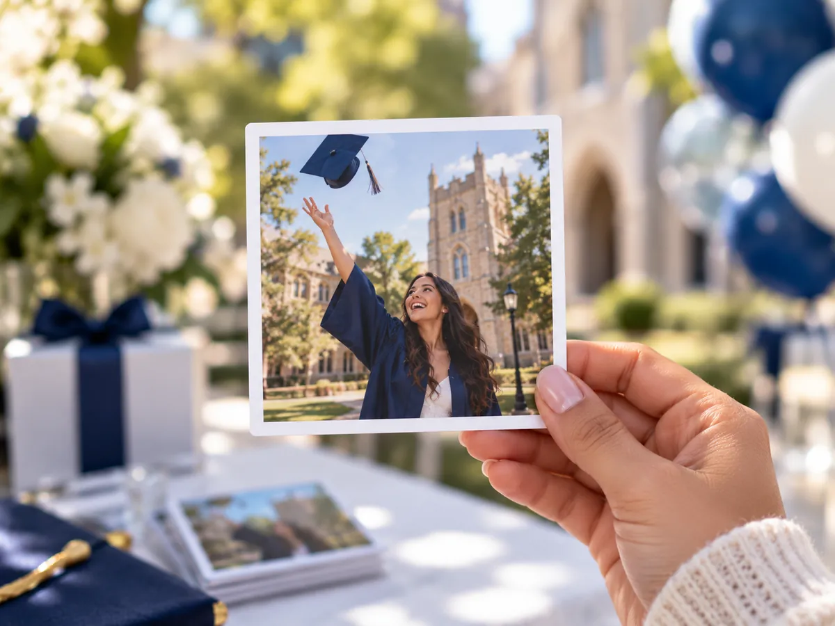 College graduation photo magnet held by a parent