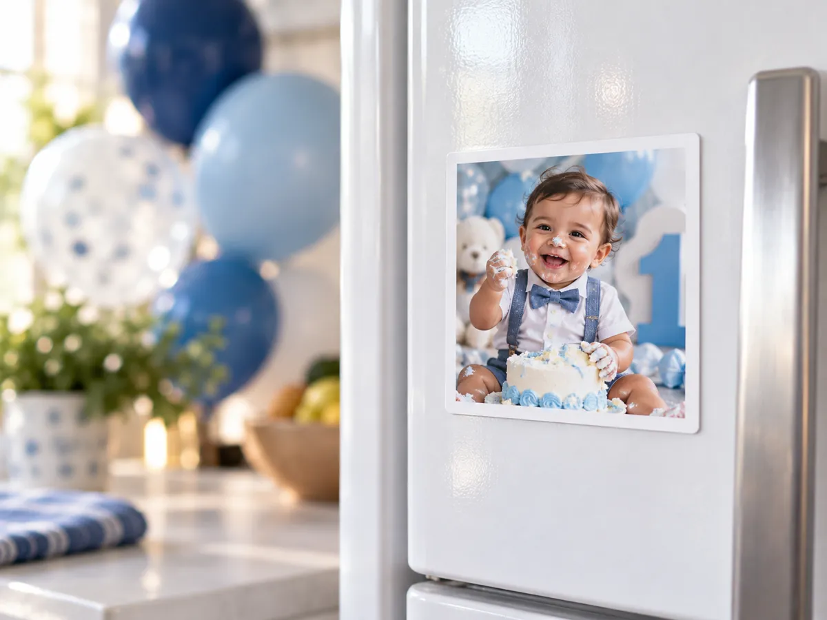 First birthday photo magnet on a fridge