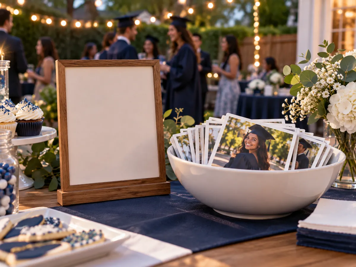 Bowl of graduation photo magnets on a dessert table