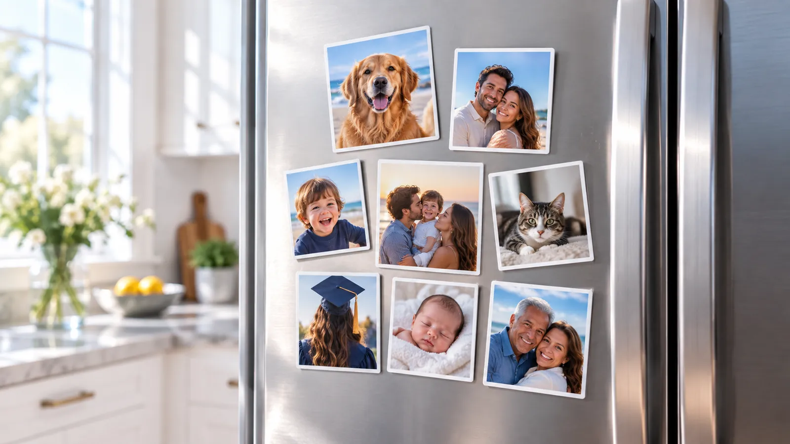Custom photo magnets of family, pets and a graduate on a stainless steel fridge