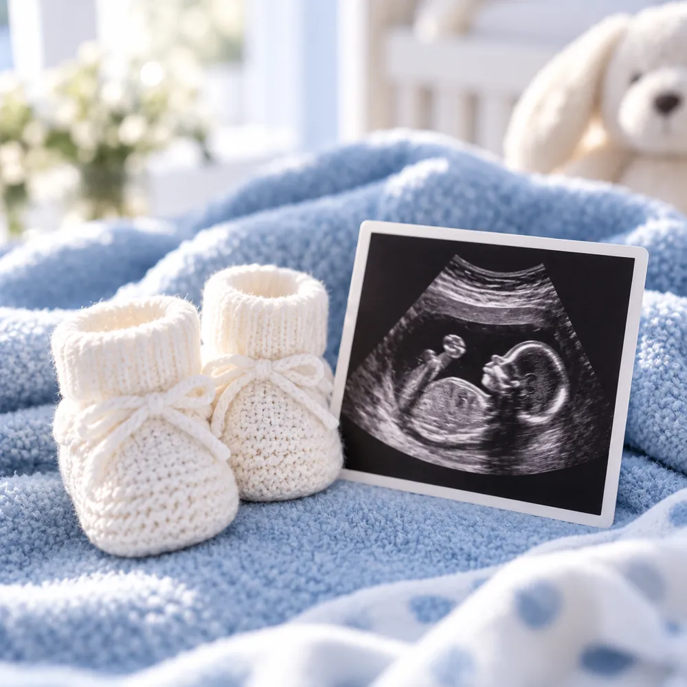 Ultrasound photo magnet next to baby shoes