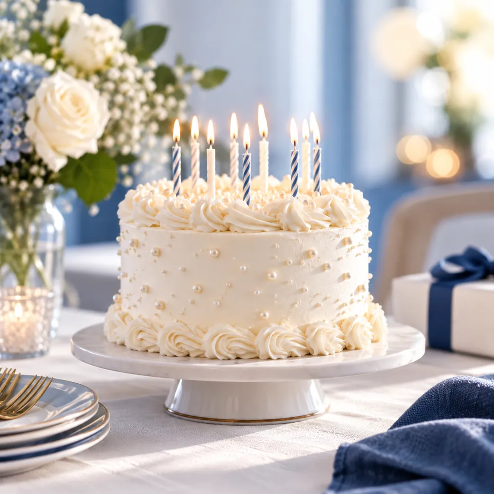 White birthday cake with lit candles