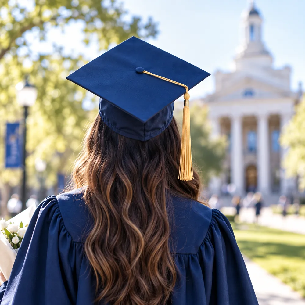 Graduate in a navy cap and gown