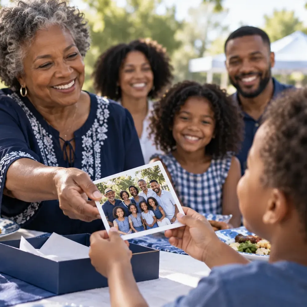 Grandmother handing a family photo magnet to a child at a family party