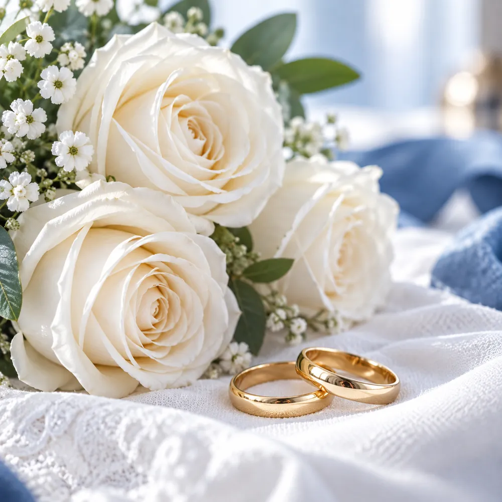 White roses and two gold wedding rings