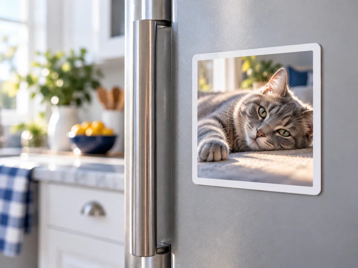 Custom cat photo magnet on a fridge