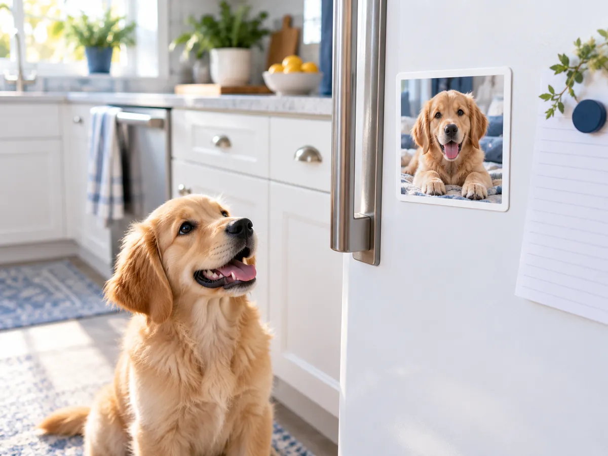 Custom dog photo magnet on a fridge