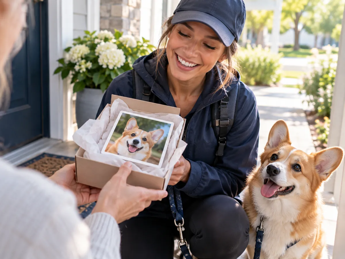 Dog walker receiving a corgi photo magnet as a thank-you gift