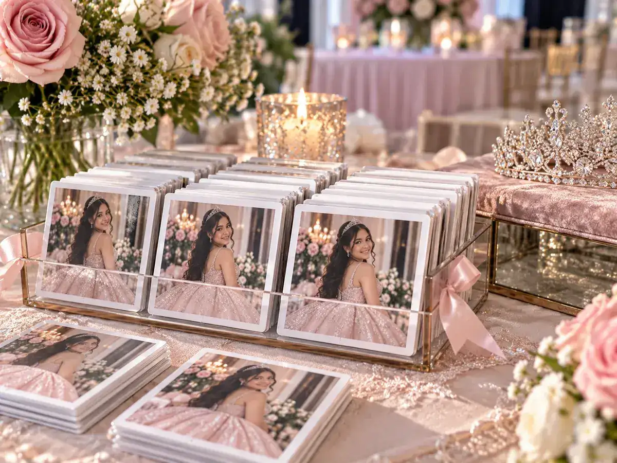 Quinceanera photo magnets as recuerdos