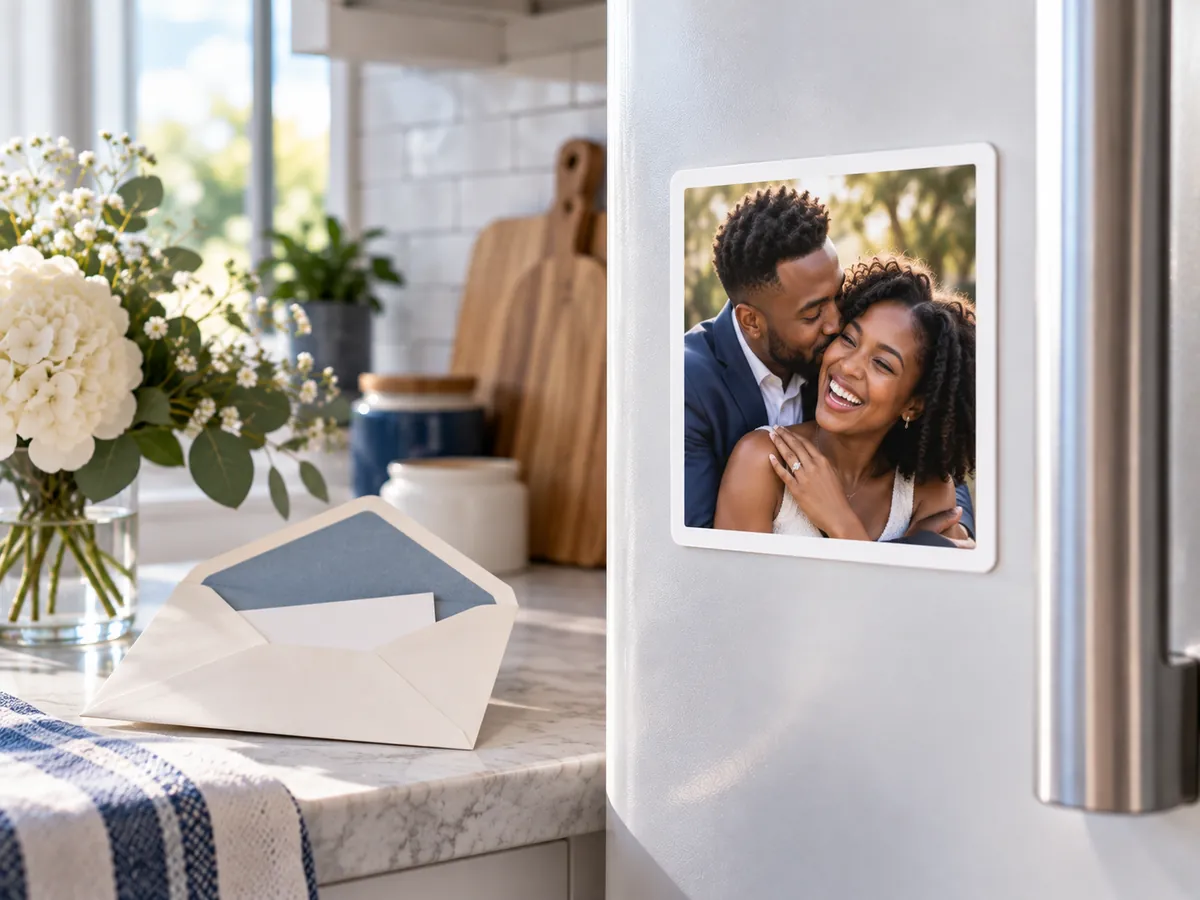 Save the date photo magnet on a fridge