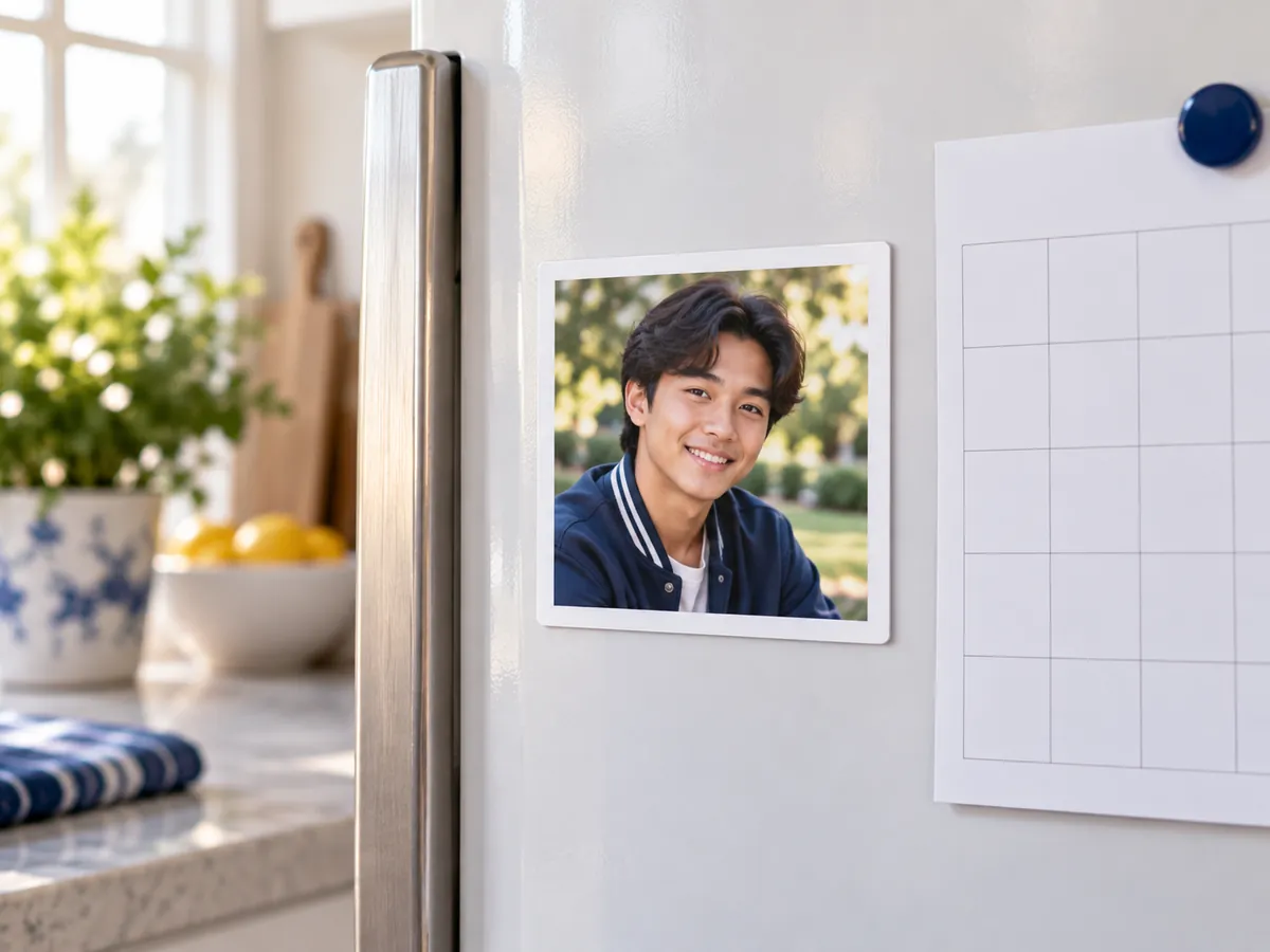 High school senior portrait photo magnet on a fridge