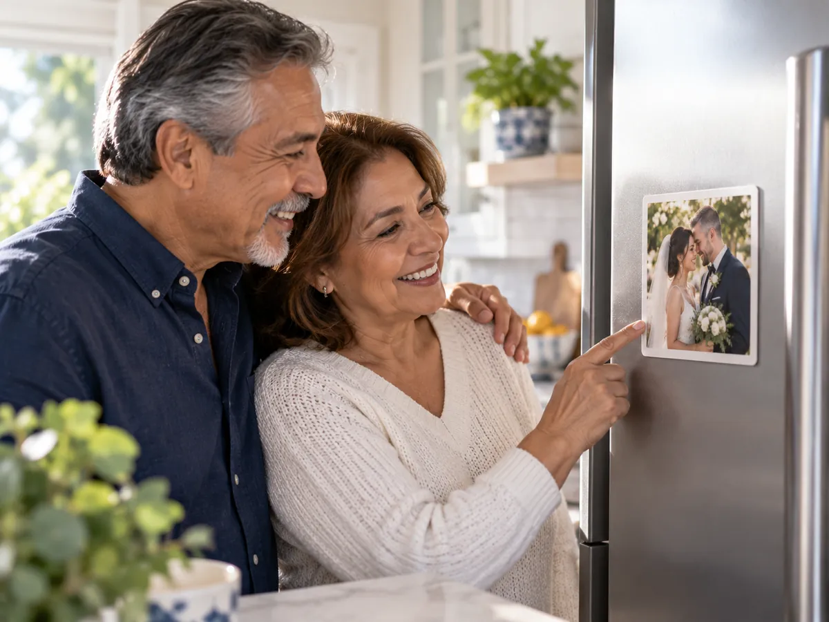 Parents smiling at their daughter’s wedding photo magnet