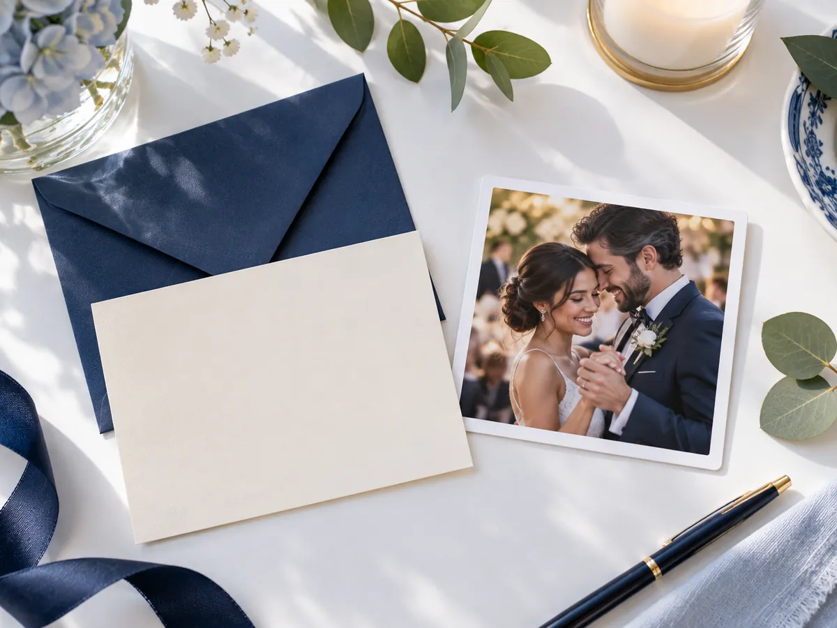 Wedding thank you photo magnet with a card